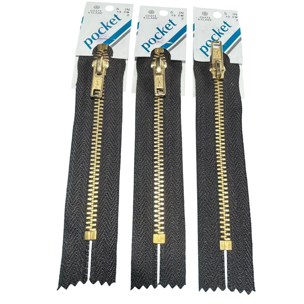 Coats & Clark 5 Inch Pocket Zippers Black Brass‎ Metal Teeth Lot of 3 F63 USA